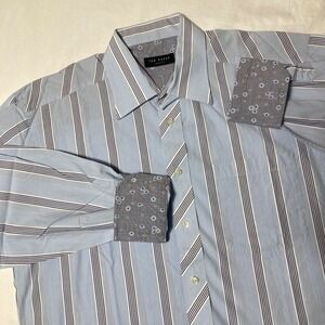 Ted Baker Shirt Mens Size 16 34/35 Flip Cuff floral Stripe Long Sleeve Button Up